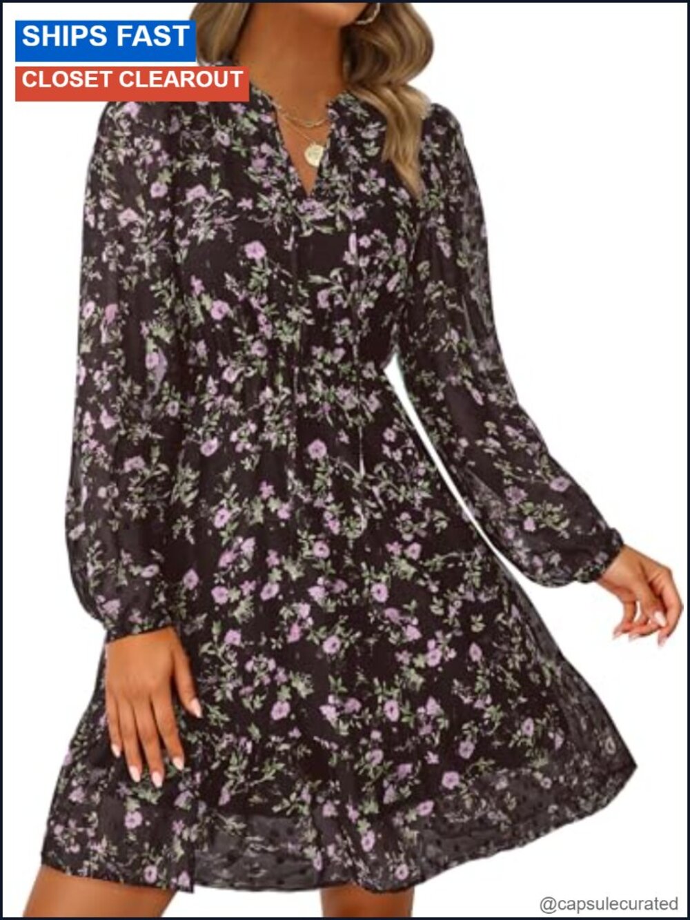 Women's Boho Floral Long Sleeve V Neck Mini Dress with Pockets Flowy A-Line